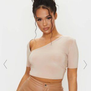 STONE SLINKY ASYMMETRIC SHORT SLEEVE CROP TOP - Size US 6